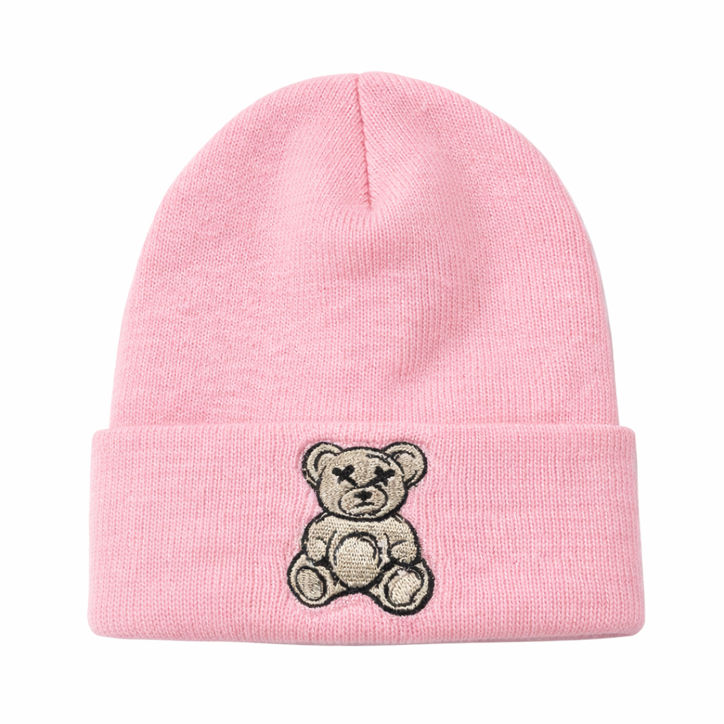 Custom bear embroidered pink beanie